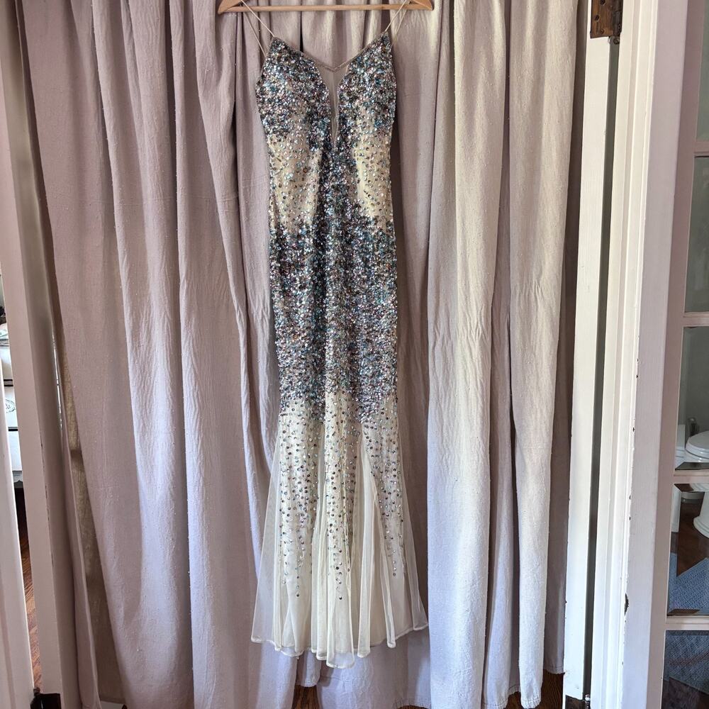 Faviana Glamour Sequin Mermaid Gown Blue Silver Formal 00 **FLAWS, read desc**